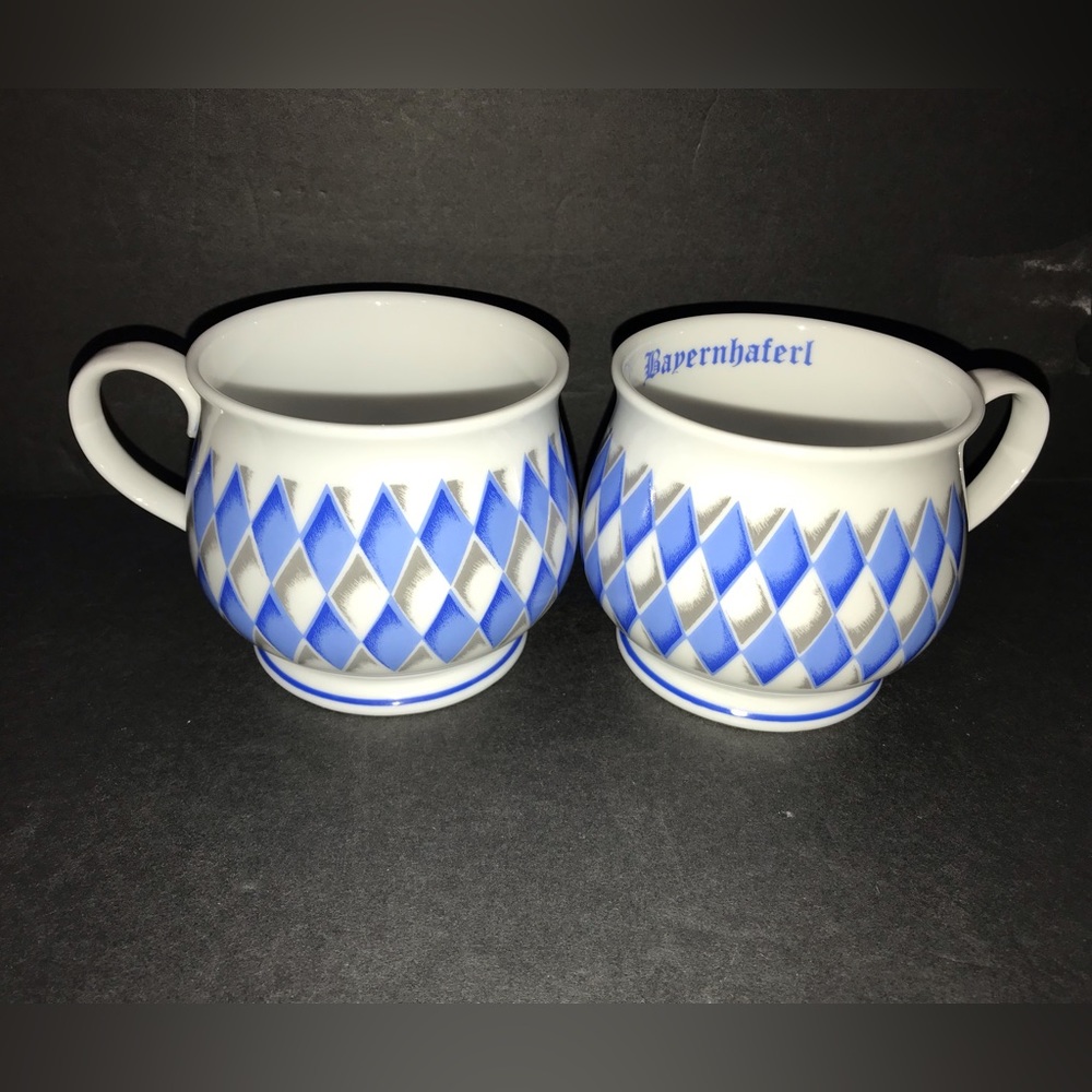2 Vintage Blue/White Diamond/Checkered Pot Belly Bavarian Mugs Made In Germany